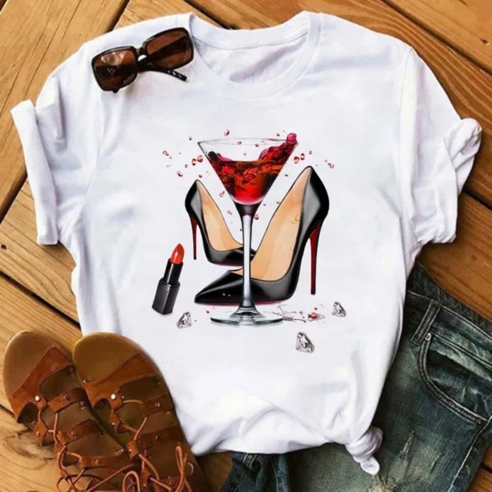 2/$45 NEW White Graphic Tee Martini Red Bottom High Heels Lipstick Top